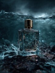 Luxury perfume bottle submerged in ocean waves with golden cap