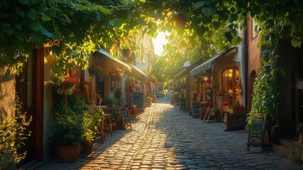 Sunlit European Cobblestone Street in Old Town sunlit old town charming alley summer morning shops