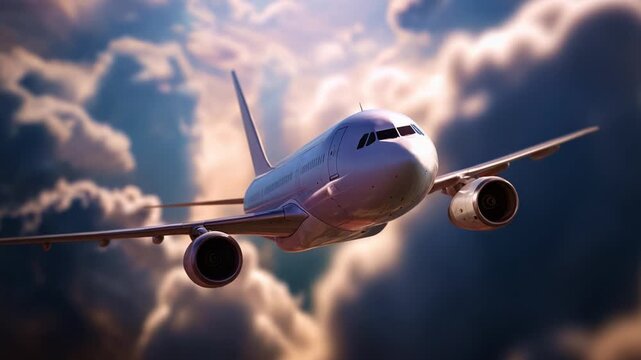 A majestic airplane soaring through a vast sky filled with clouds, showcasing the beauty of flight and the freedom of air travel in a stunning digital rendering.