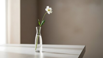 Elegant single white flower in slender glass vase, minimalist still life