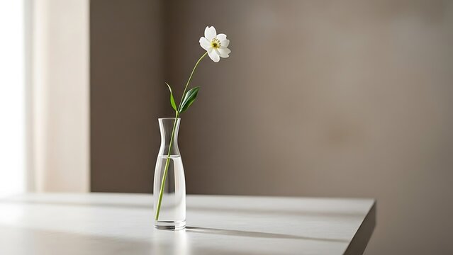 Elegant single white flower in slender glass vase, minimalist still life