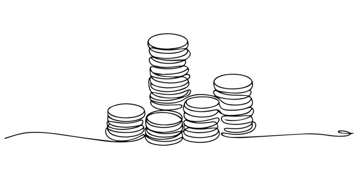 Stacks of coins penny cents. Continuous one line drawing, Stacks of coins of different heights, cents, pennies one line art. Continuous line drawing of bank, money, finance, financial, payment, data.