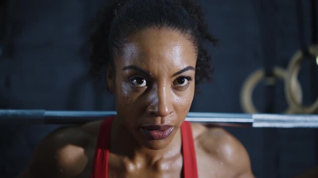 Cinematic video of a fit young woman training in the gym with weights and aerobic exercises. Gym girl doing squats and deadlifts and with the barbell.	
