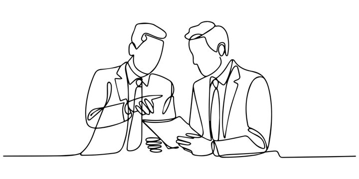 Continuous line drawing of two businessman talking and discuss about document. Vector illustration, Business deal concept. Continuous line draw design graphic vector illustration, Continuous one line,