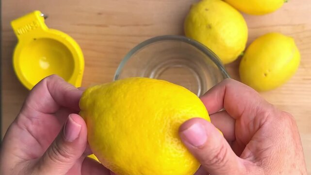 Close up hands holding fresh lemon while peeling zest on wooden kitchen table with lemons in background for home cooking baking citrus preparation healthy food and recipe tutorial guide