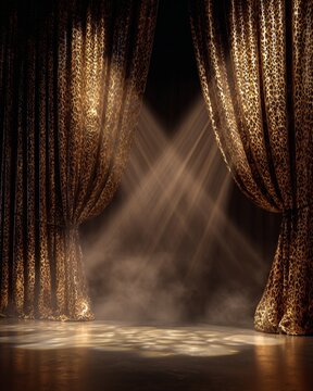 Dramatic leopard print curtains opening to reveal a spotlighted stage with fog