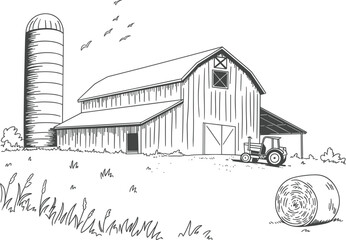 Rural farm landscape with wooden barn and silo, vintage countryside field sketch with tractor vector illustration © MdMajnur