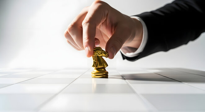 Chess Knight Strategy: A close-up shot of a hand moving a golden knight chess piece on a chessboard, symbolizing strategic thinking, planning, and tactical decisions.