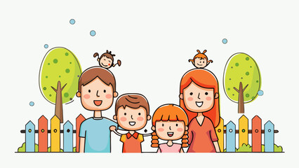 Obraz premium Happy family visiting zoo with kids and monkeys on fence smiling parents and children together