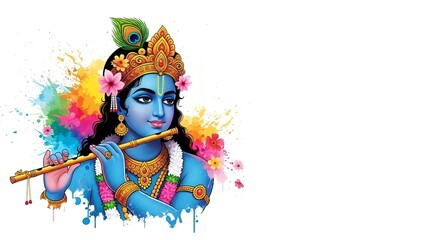 Colorful Lord Krishna Playing Flute Watercolor Illustration &ndash; Vibrant Janmashtami Hindu God Art for Spiritual Devotion Poster, Indian Mythology Background and Festival Design