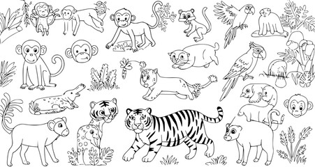Cute Cartoon Jungle Animals Black and White Outline Drawing for Kids Coloring Book Page, Tropical Wildlife Illustration Set © evalova