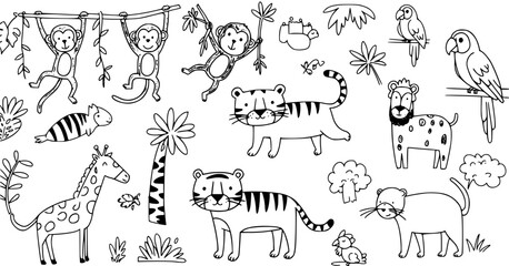 Cute cartoon jungle safari animals and plants line art collection for coloring book, featuring monkeys, tigers, giraffe, parrots, and more.