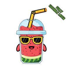 Cute Watermelon Juice Mascot with Sunglasses and Straw. Funny Summer Drink Cartoon Character Illustration Isolated on White Background