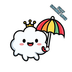 Cute Cloud Mascot with Crown Holding Colorful Umbrella. Kawaii Weather Cartoon Character Illustration Isolated on White Background