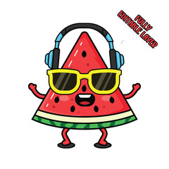 Cute Watermelon Mascot with Headphones and Sunglasses. Funny Summer Fruit Cartoon Character Illustration Isolated on White Background