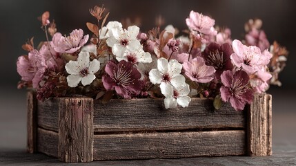 Wooden box overflowing with colorful spring flowers on pastel background