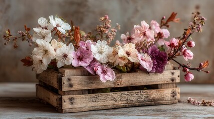 Wooden box overflowing with colorful spring flowers on pastel background