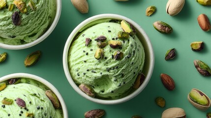 Pistachio ice cream on solid monochrome background