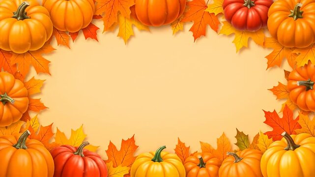 Autumn harvest pumpkins and leaves border with copy space