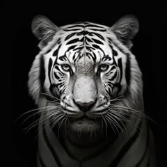 Fototapeta premium Front-Facing White Tiger Head Portrait with Intense Gaze Against Black Background