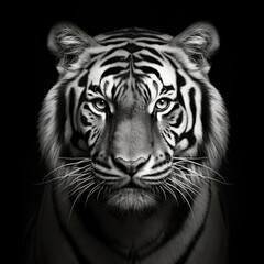 Front-Facing Striped Tiger Portrait with Intense Gaze Against a Jet-Black Background