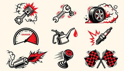 Retro Comic Style Car Repair and Performance Vector Emblems © 777SKYLABS