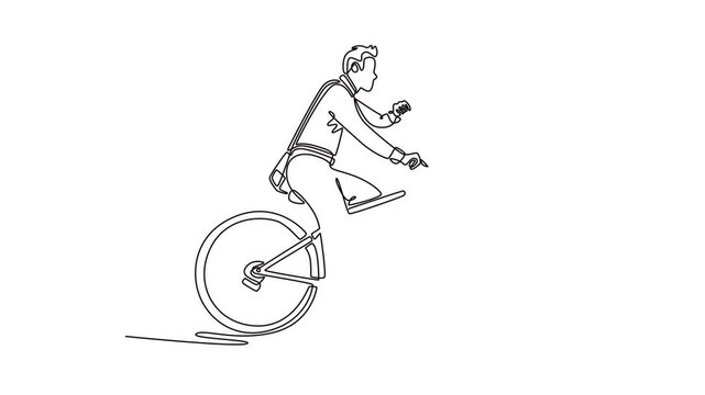 Hurry businessman riding bike in rush hour. Bike to work concept. Single line draw design. Full length animation illustration. High quality 4k footage