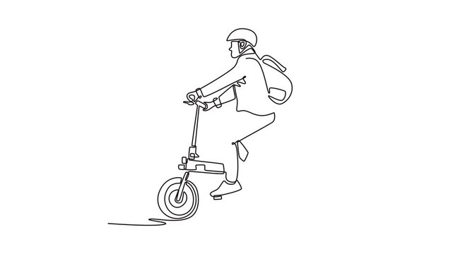 man with helmet and his electric bicycle. Bike to work concept. Single line draw design. Full length animation illustration. High quality 4k footage