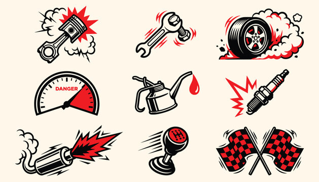 Retro Comic Style Car Repair and Performance Vector Emblems