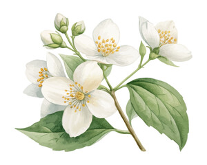 Obraz premium White Mock Orange Watercolor Bloom, Elegant Spring Botanical Illustration Isolated on White