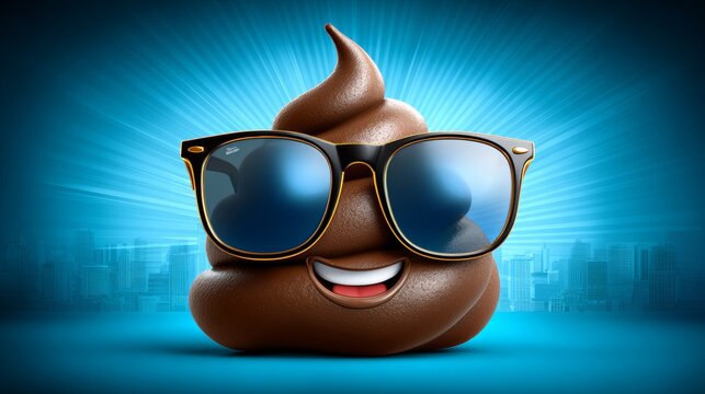 Cartoonish smiling poop emoji wearing oversized sunglasses against a vibrant blue background with a city skyline silhouette in the distance