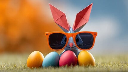 Colorful origami rabbit wearing orange sunglasses stands among decorated Easter eggs on a grassy surface with a blurred background of autumn foliage