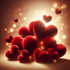 Soft velvet red hearts floating in layers, warm light, romantic dreamy background, bokeh lights, elegant aesthetic