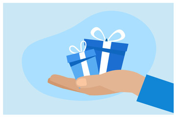 Hand holds present gift boxes vector illustration