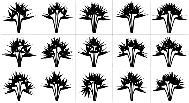 Collection of 12 unique black thistle flower icons on white background vector graphics
