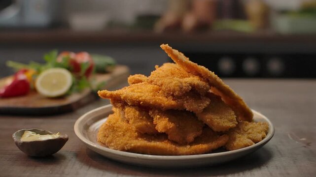 Close up of a chef stacking perfectly breaded, golden-brown chicken schnitzels on a ceramic plate, styled with fresh lemon and peppers in a cozy kitchen.