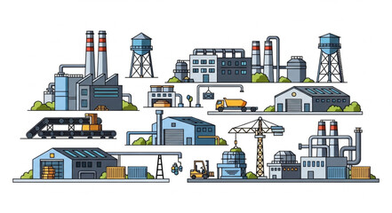 Industrial factory buildings and transportation elements illustration. © Isla