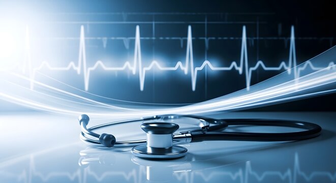 Medical stethoscope with ecg heartbeat monitor in background