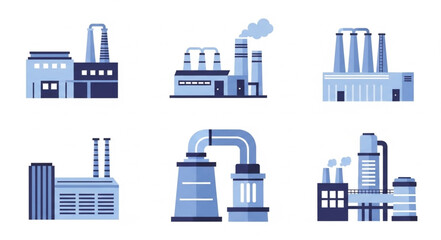 Industrial factory buildings with chimneys emitting smoke and producing goods.