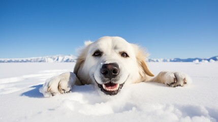 Obraz premium Joyful Golden Retriever Enjoying Bright Snowy Day Under Clear Blue Sky