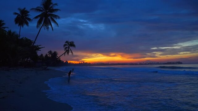 Wewak blue hour vibrant sunset Meni Boram Beach Papua New Guinea PNG Papua Niugini crashing waves shoreline fishing fisherman silhouette Talio Lodge East Sepik Province landscape palm trees clouds