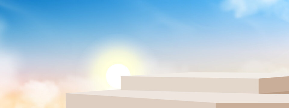 Sunrise sky nature background,soft pastel clouds,Minimal podium platform with Clean 3D stage for product showcase on sunset sky,cosmetic presentation,branding mockup,advertising banner,modern display