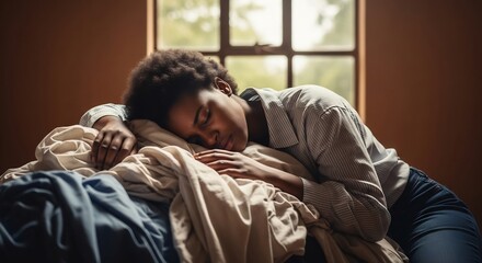 Fototapeta premium exhausted woman sleeping on laundry pile indoors