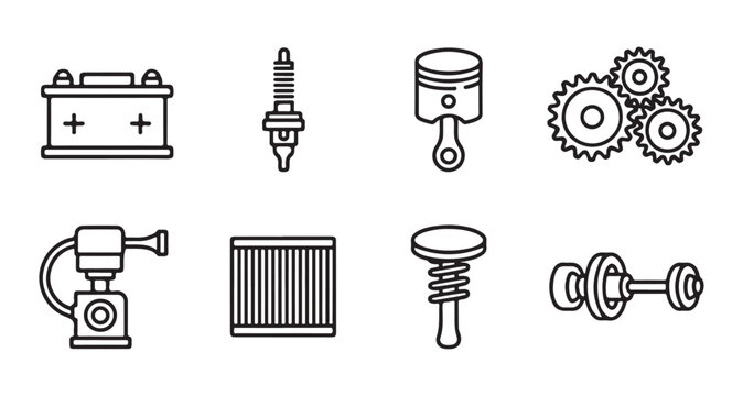 Automotive part line icons including battery spark plug piston engine valve filter and gear for car repair