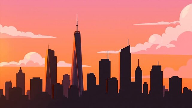 City skyline silhouette against orange sunset sky vector illustration