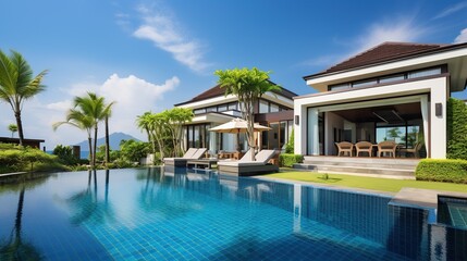 Obraz premium Luxurious Tropical Villa with Expansive Rectangular Pool, Modern Glass Facades, and Sunny Outdoor Lounge Area