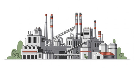 Industrial Factory Complex with Smokestacks and Buildings.