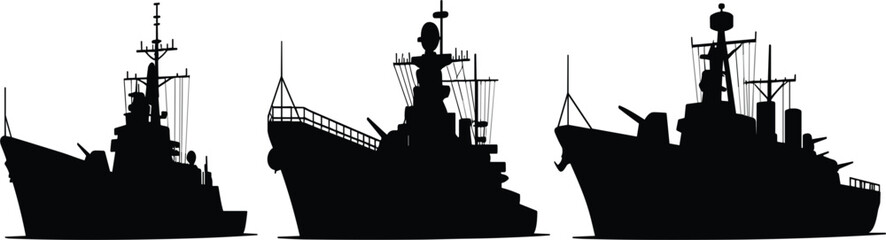 Military navy warship, destroyer and frigate ship silhouette set for marine design © MdMajnur
