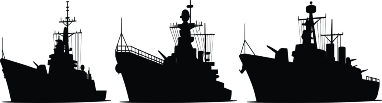 Military navy warship, destroyer and frigate ship silhouette set for marine design