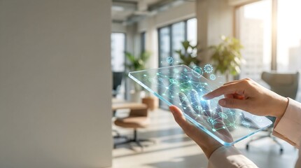 Hands using transparent tablet with futuristic network interface